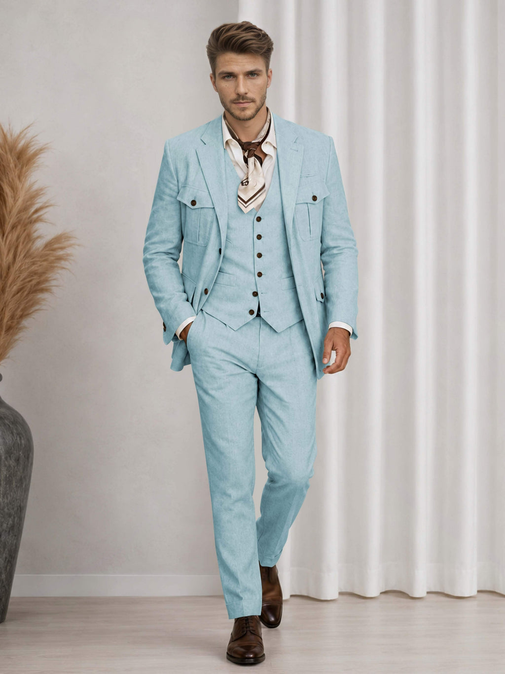 Men's three-piece suit with notch-lapel jacket, buttoned waistcoat and matching trousers