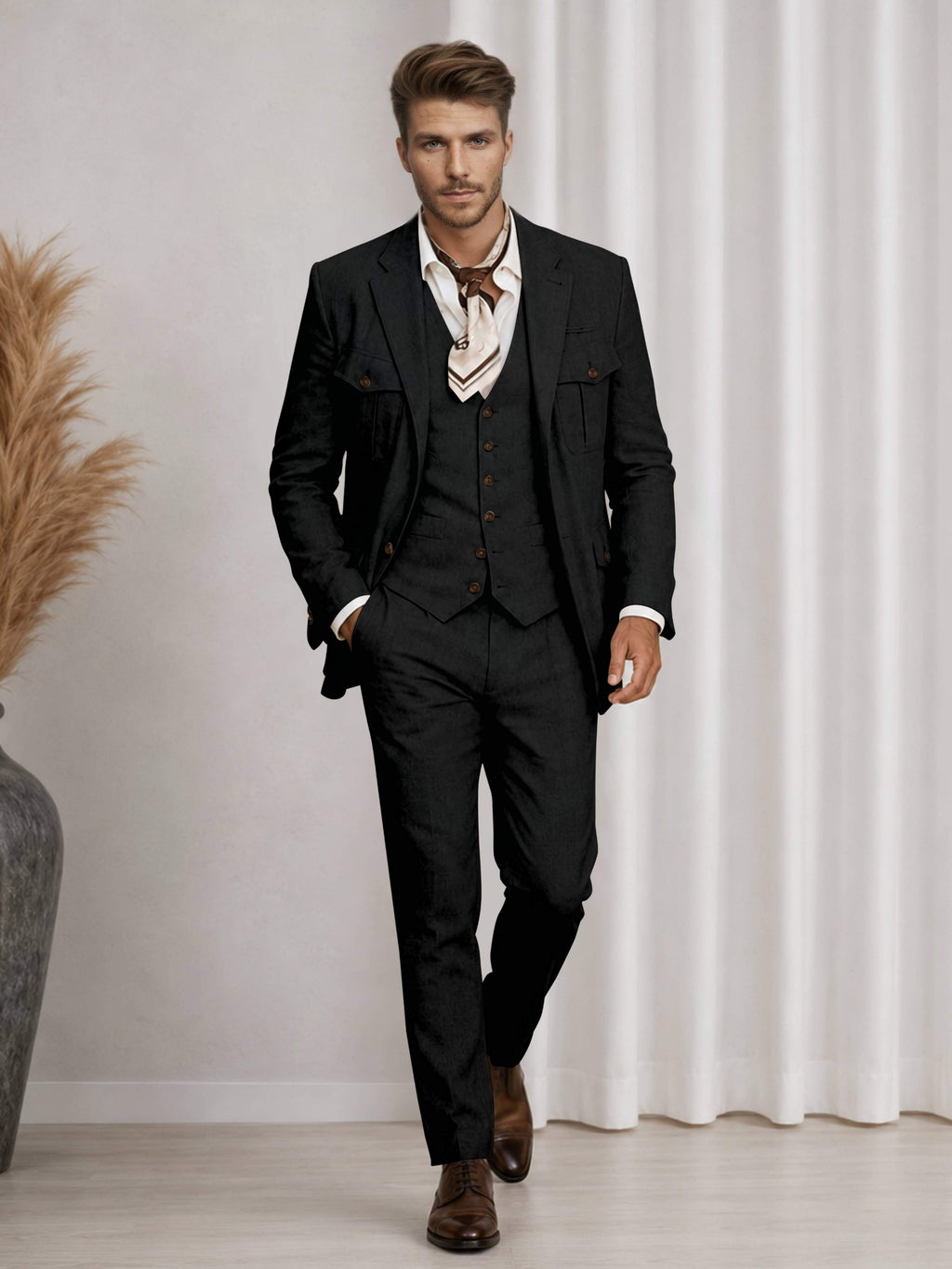 Men's three-piece suit with notch-lapel jacket, buttoned waistcoat and matching trousers