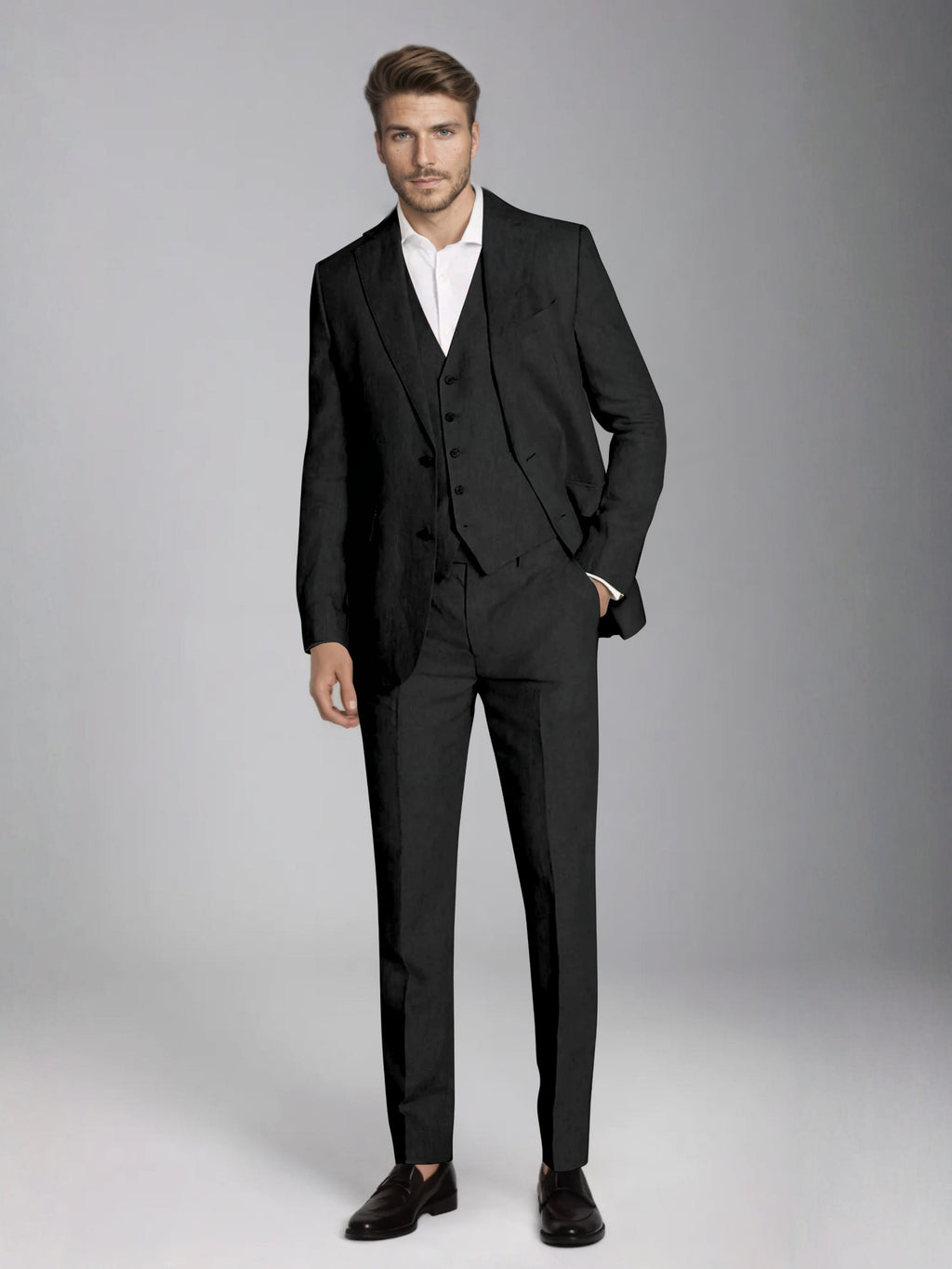 Men's three-piece slim fit suit with notch lapel jacket, button waistcoat and matching trousers