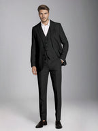 Men's three-piece slim fit suit with notch lapel jacket, button waistcoat and matching trousers