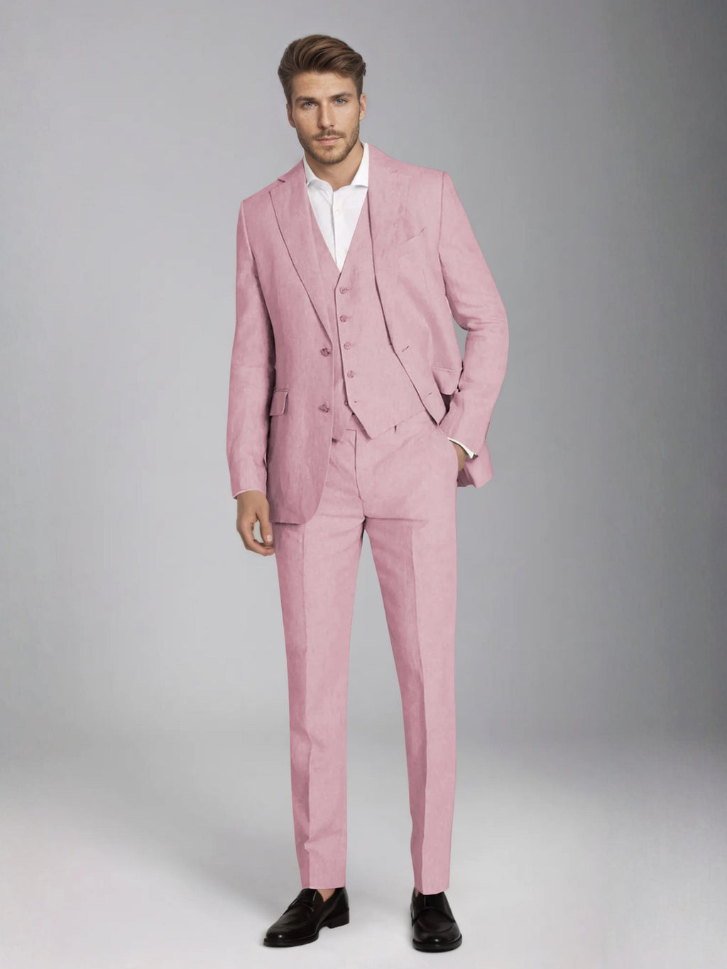 Men's three-piece slim fit suit with notch lapel jacket, button waistcoat and matching trousers