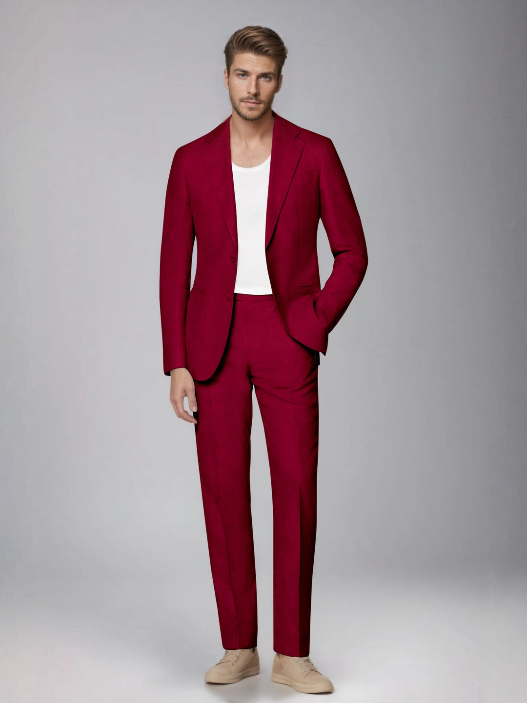 Men's two-piece suit with notched lapel jacket and straight-leg trousers