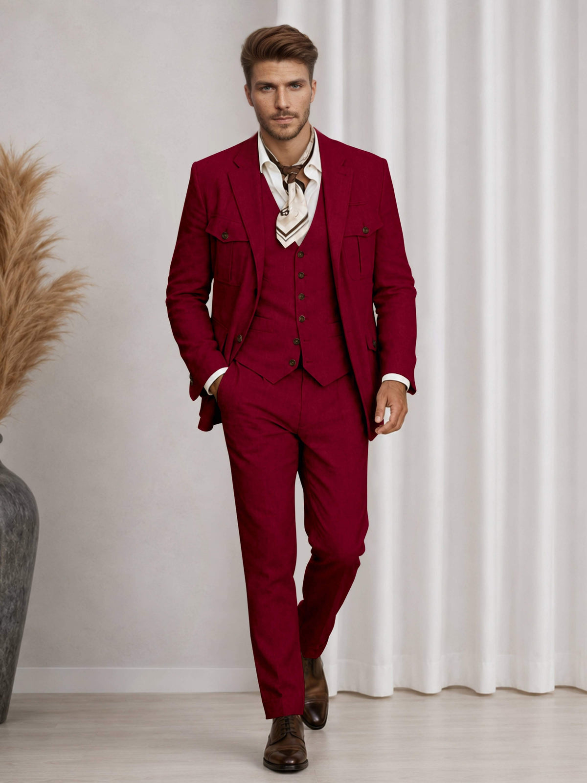 Men's three-piece suit with notch-lapel jacket, buttoned waistcoat and matching trousers