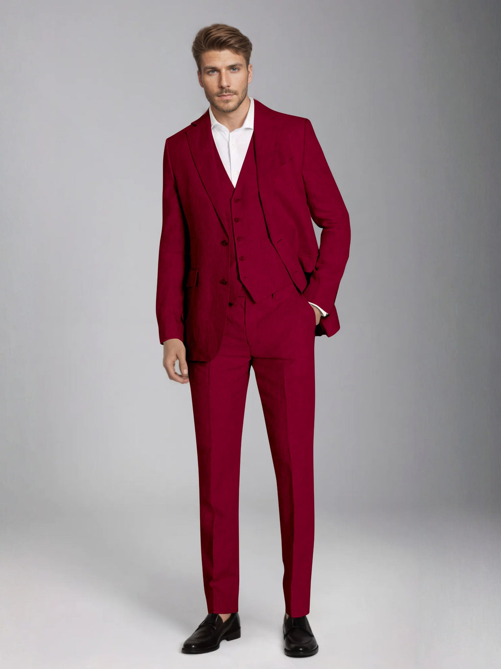 Men's three-piece slim fit suit with notch lapel jacket, button waistcoat and matching trousers