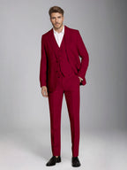 Men's three-piece slim fit suit with notch lapel jacket, button waistcoat and matching trousers