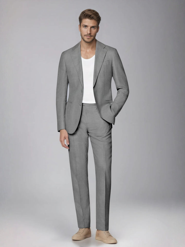 Men's two-piece suit with notched lapel jacket and straight-leg trousers
