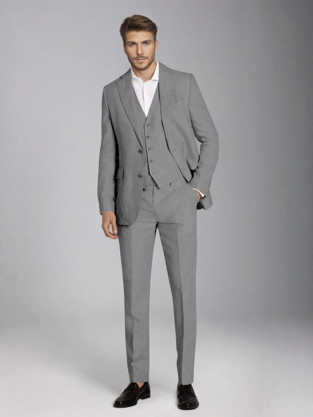 Men's three-piece slim fit suit with notch lapel jacket, button waistcoat and matching trousers
