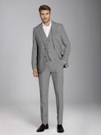 Men's three-piece slim fit suit with notch lapel jacket, button waistcoat and matching trousers