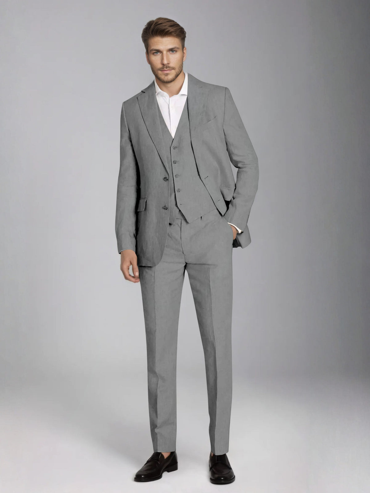 Men's three-piece slim fit suit with notch lapel jacket, button waistcoat and matching trousers