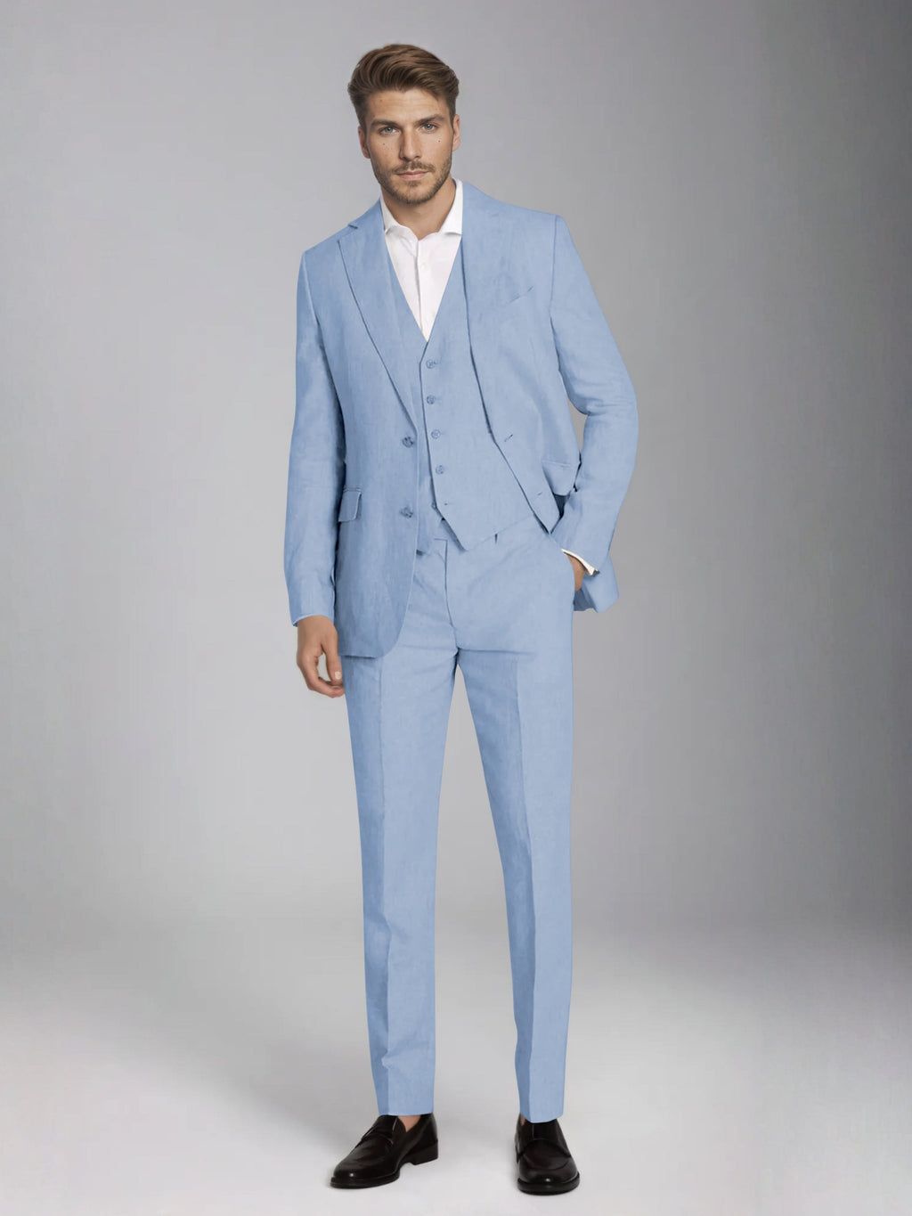 Men's three-piece slim fit suit with notch lapel jacket, button waistcoat and matching trousers