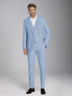 Men's three-piece slim fit suit with notch lapel jacket, button waistcoat and matching trousers
