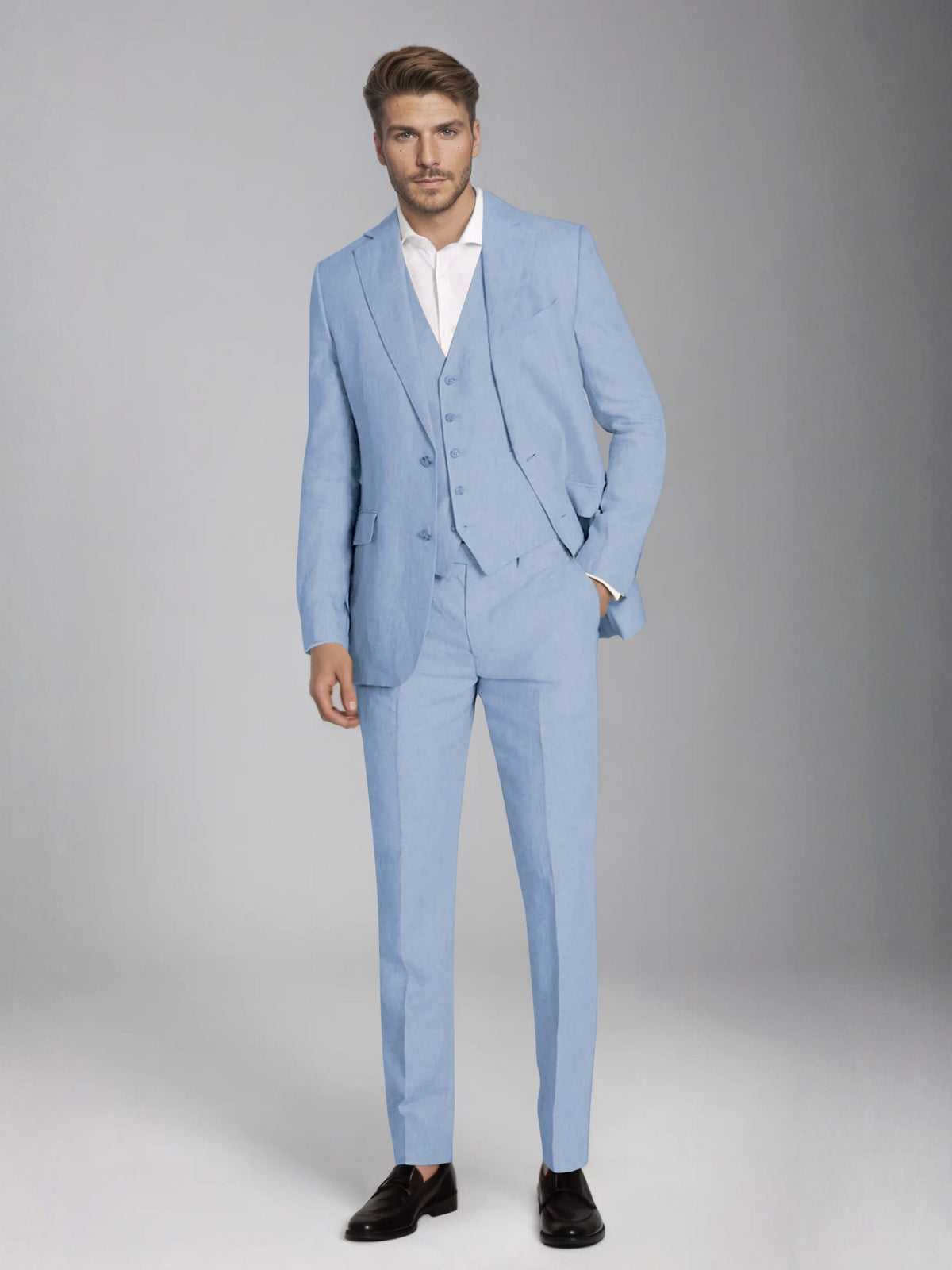 Men's three-piece slim fit suit with notch lapel jacket, button waistcoat and matching trousers