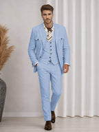 Men's three-piece suit with notch-lapel jacket, buttoned waistcoat and matching trousers