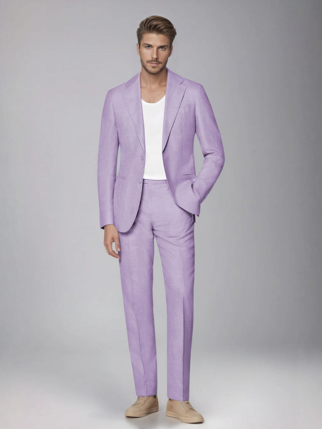 Men's two-piece suit with notched lapel jacket and straight-leg trousers