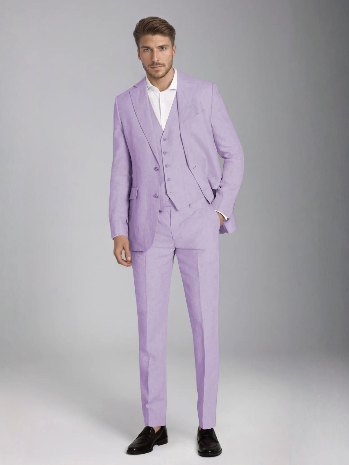 Men's three-piece slim fit suit with notch lapel jacket, button waistcoat and matching trousers