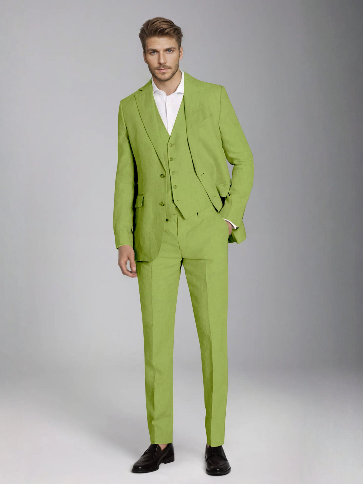 Men's three-piece slim fit suit with notch lapel jacket, button waistcoat and matching trousers
