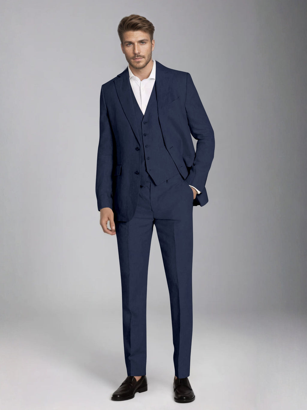 Men's three-piece slim fit suit with notch lapel jacket, button waistcoat and matching trousers