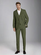 Men's three-piece slim fit suit with notch lapel jacket, button waistcoat and matching trousers