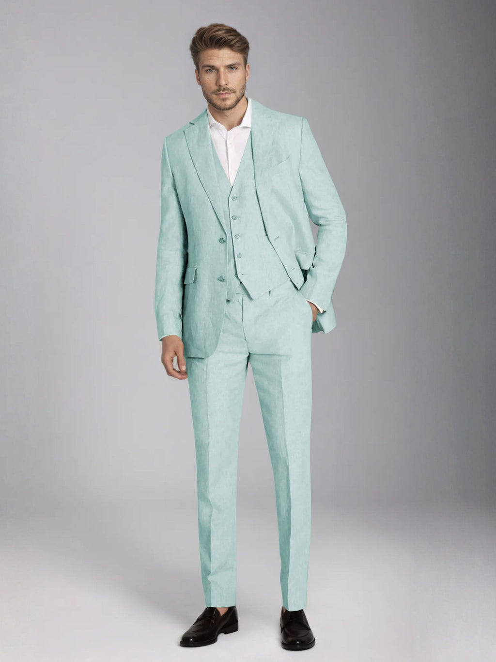 Men's three-piece slim fit suit with notch lapel jacket, button waistcoat and matching trousers