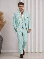 Men's three-piece suit with notch-lapel jacket, buttoned waistcoat and matching trousers