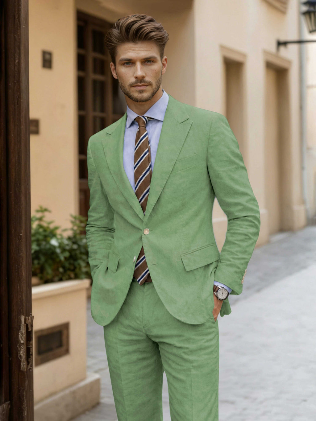 Men's slim fit two-piece suit with notch-lapel blazer and matching trousers