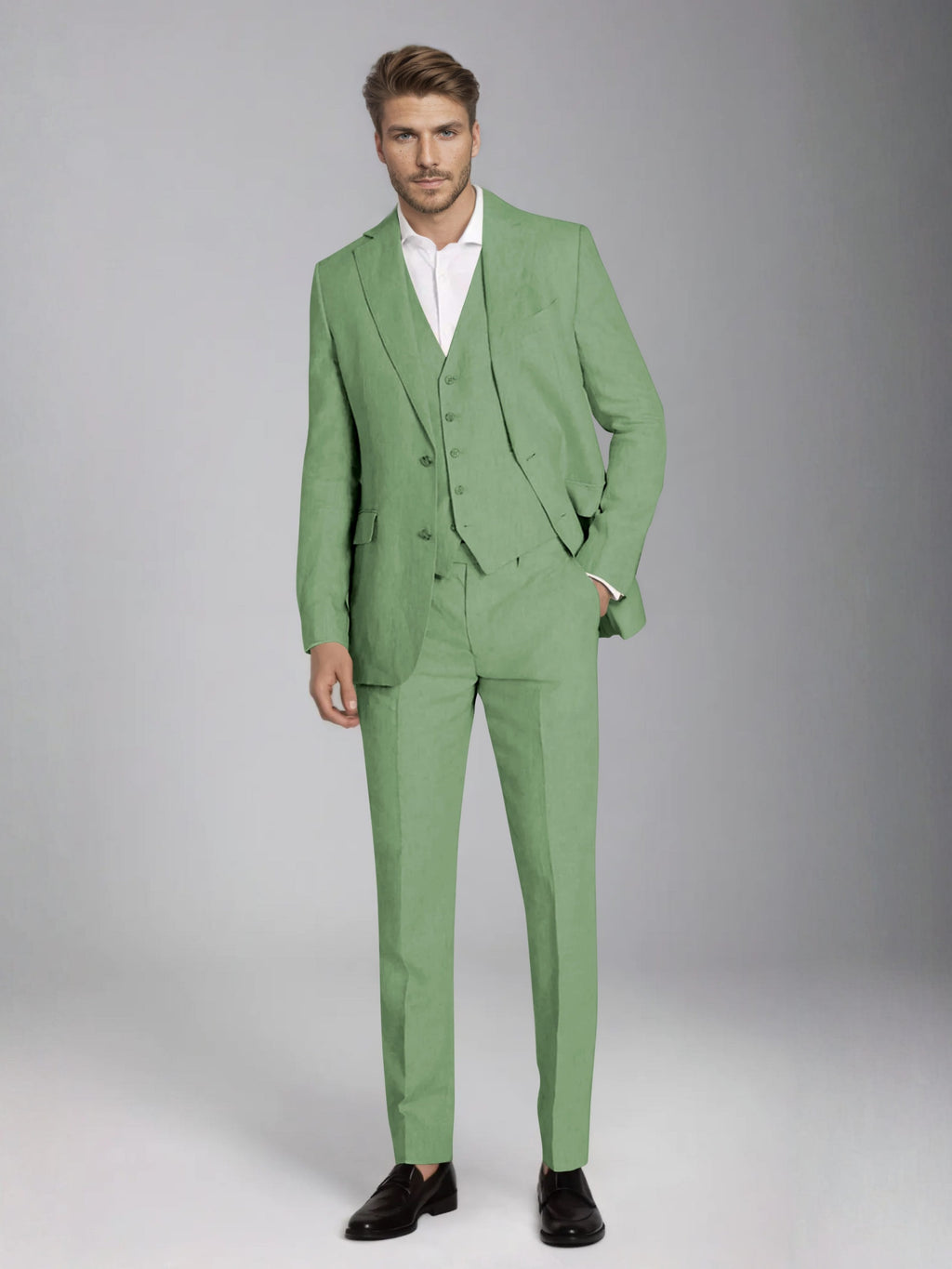 Men's three-piece slim fit suit with notch lapel jacket, button waistcoat and matching trousers