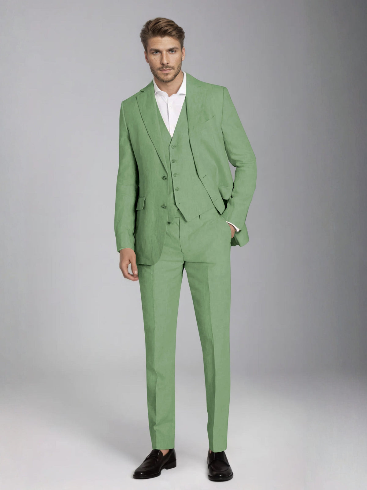 Men's three-piece slim fit suit with notch lapel jacket, button waistcoat and matching trousers