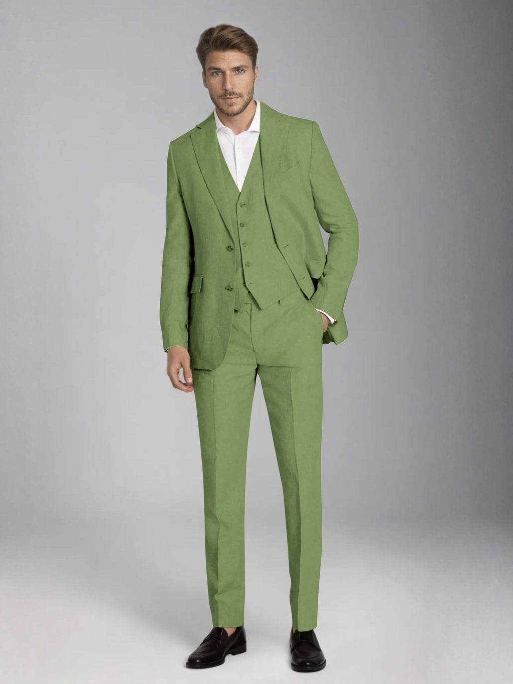 Men's three-piece slim fit suit with notch lapel jacket, button waistcoat and matching trousers