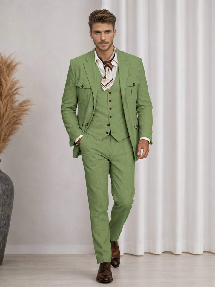 Men's three-piece suit with notch-lapel jacket, buttoned waistcoat and matching trousers