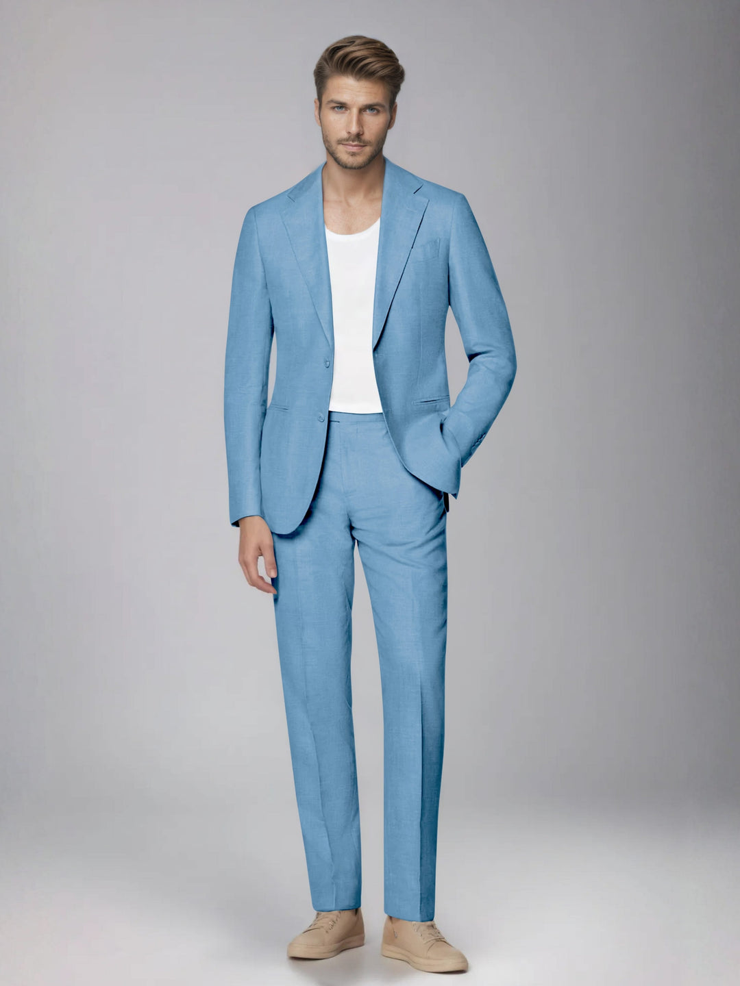Men's two-piece suit with notched lapel jacket and straight-leg trousers