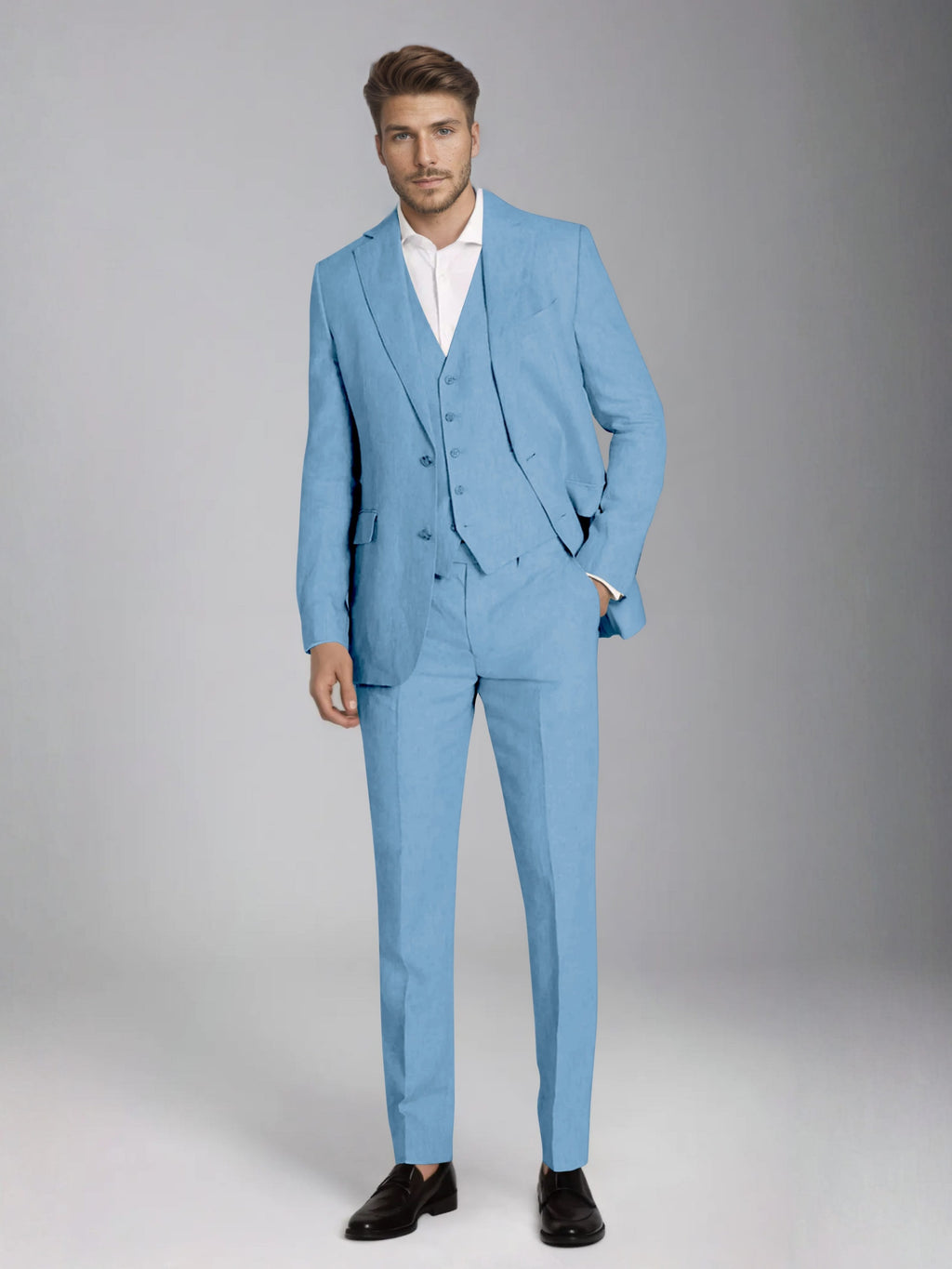Men's three-piece slim fit suit with notch lapel jacket, button waistcoat and matching trousers