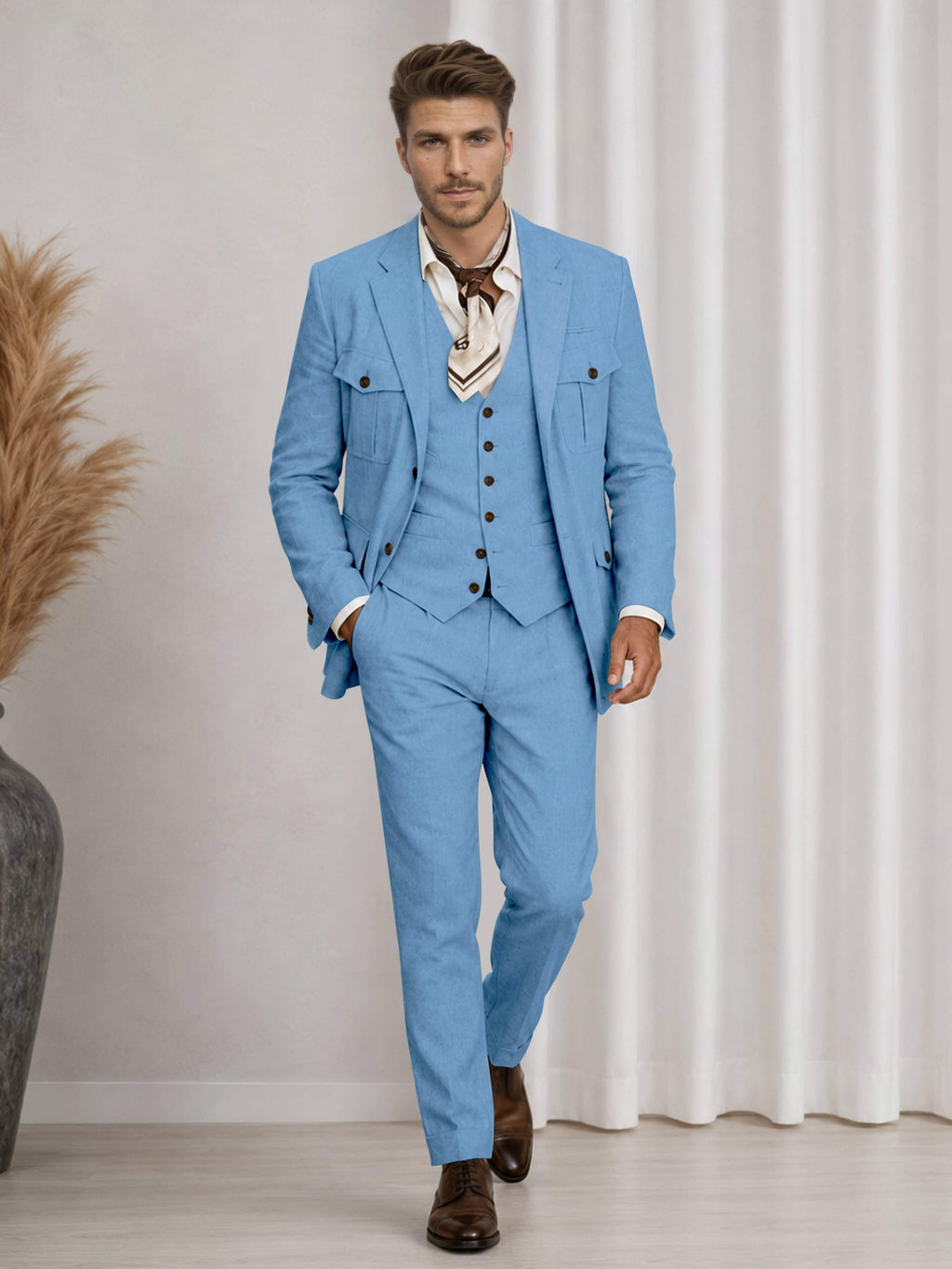 Men's three-piece suit with notch-lapel jacket, buttoned waistcoat and matching trousers
