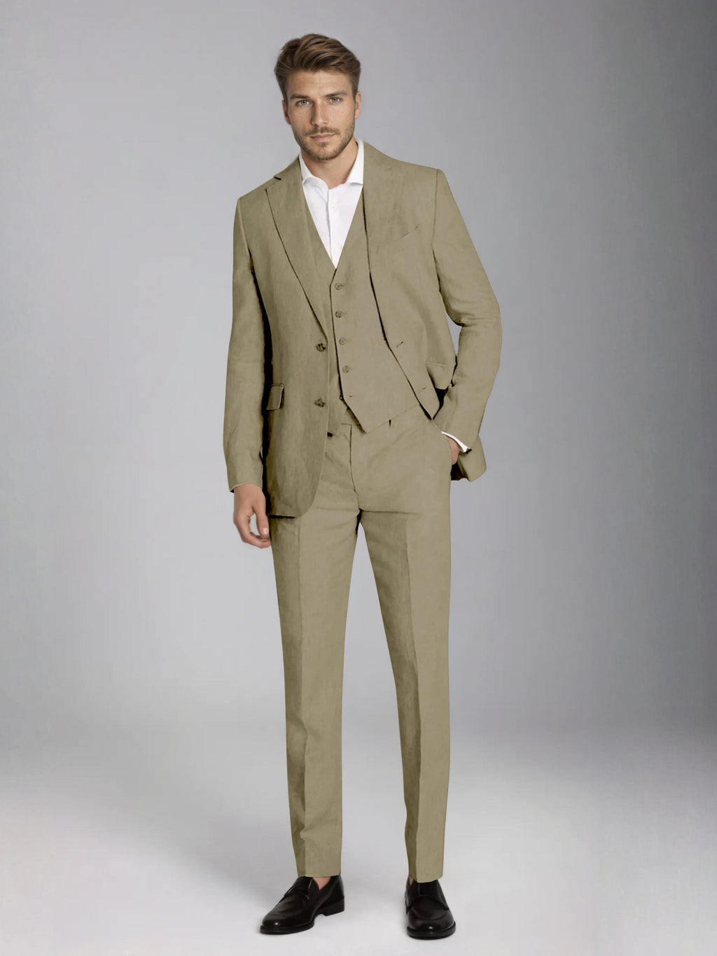 Men's three-piece slim fit suit with notch lapel jacket, button waistcoat and matching trousers