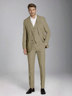 Men's three-piece slim fit suit with notch lapel jacket, button waistcoat and matching trousers