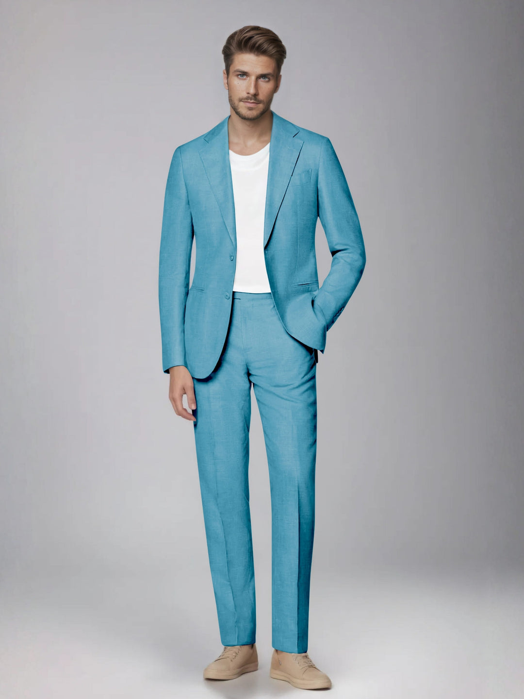 Men's two-piece suit with notched lapel jacket and straight-leg trousers