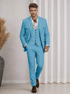 Men's three-piece suit with notch-lapel jacket, buttoned waistcoat and matching trousers