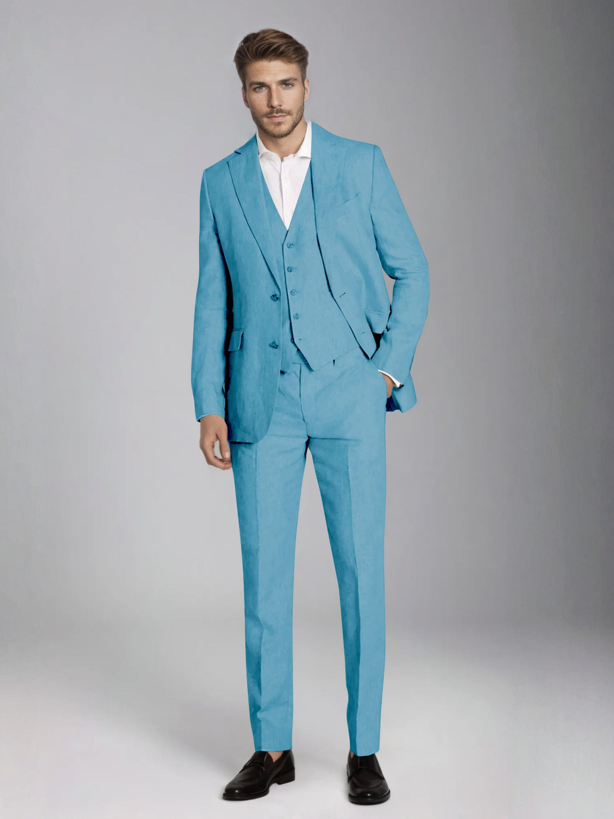 Men's three-piece slim fit suit with notch lapel jacket, button waistcoat and matching trousers