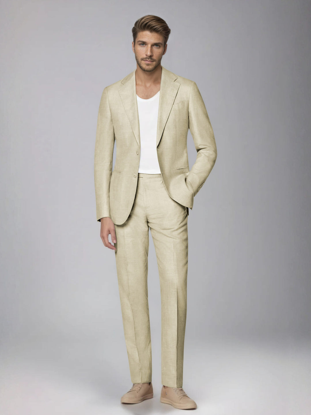 Men's two-piece suit with notched lapel jacket and straight-leg trousers