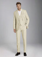 Men's three-piece slim fit suit with notch lapel jacket, button waistcoat and matching trousers