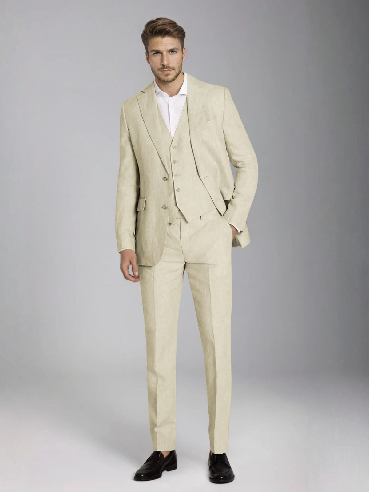 Men's three-piece slim fit suit with notch lapel jacket, button waistcoat and matching trousers