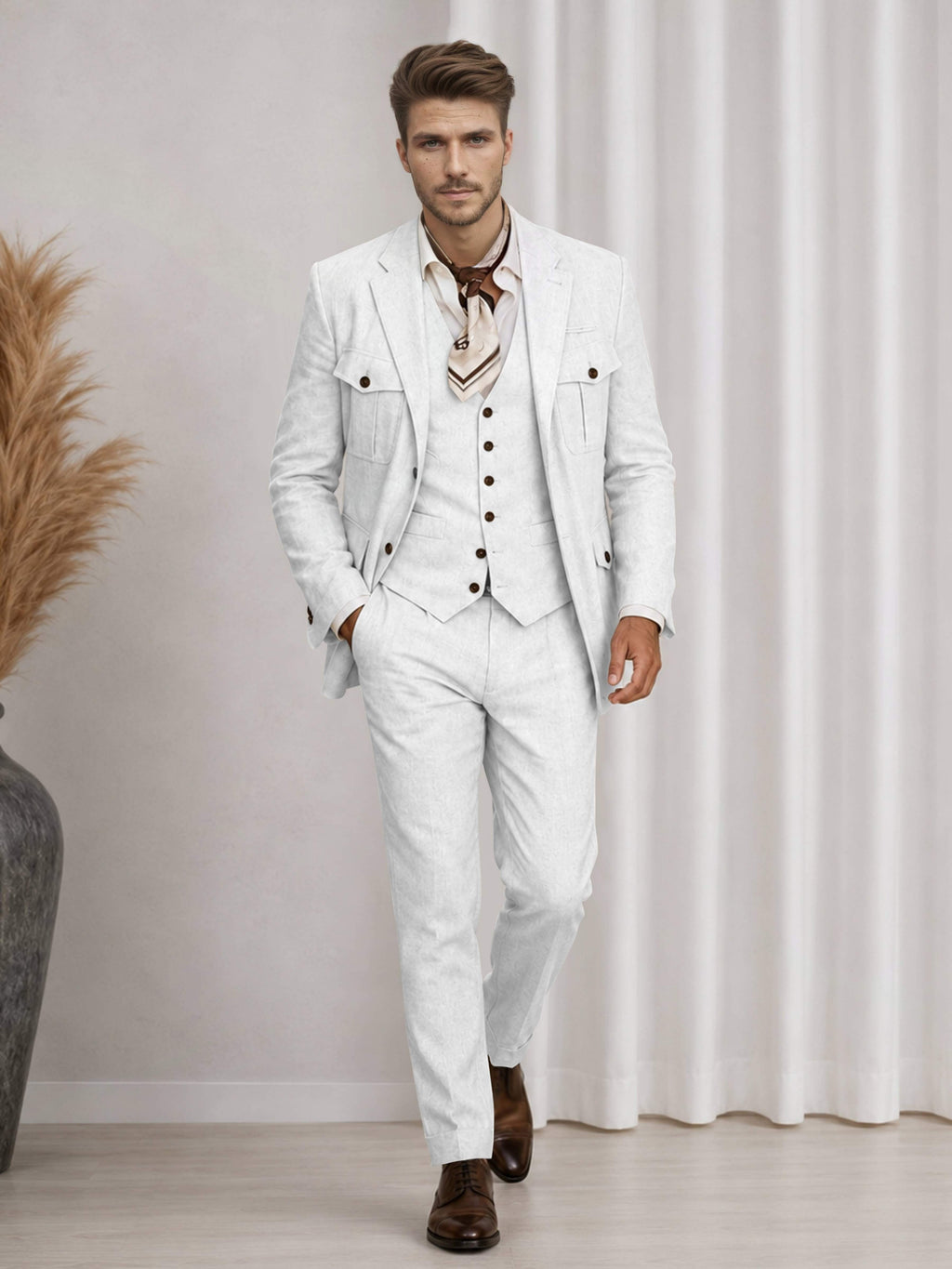 Men's three-piece suit with notch-lapel jacket, buttoned waistcoat and matching trousers