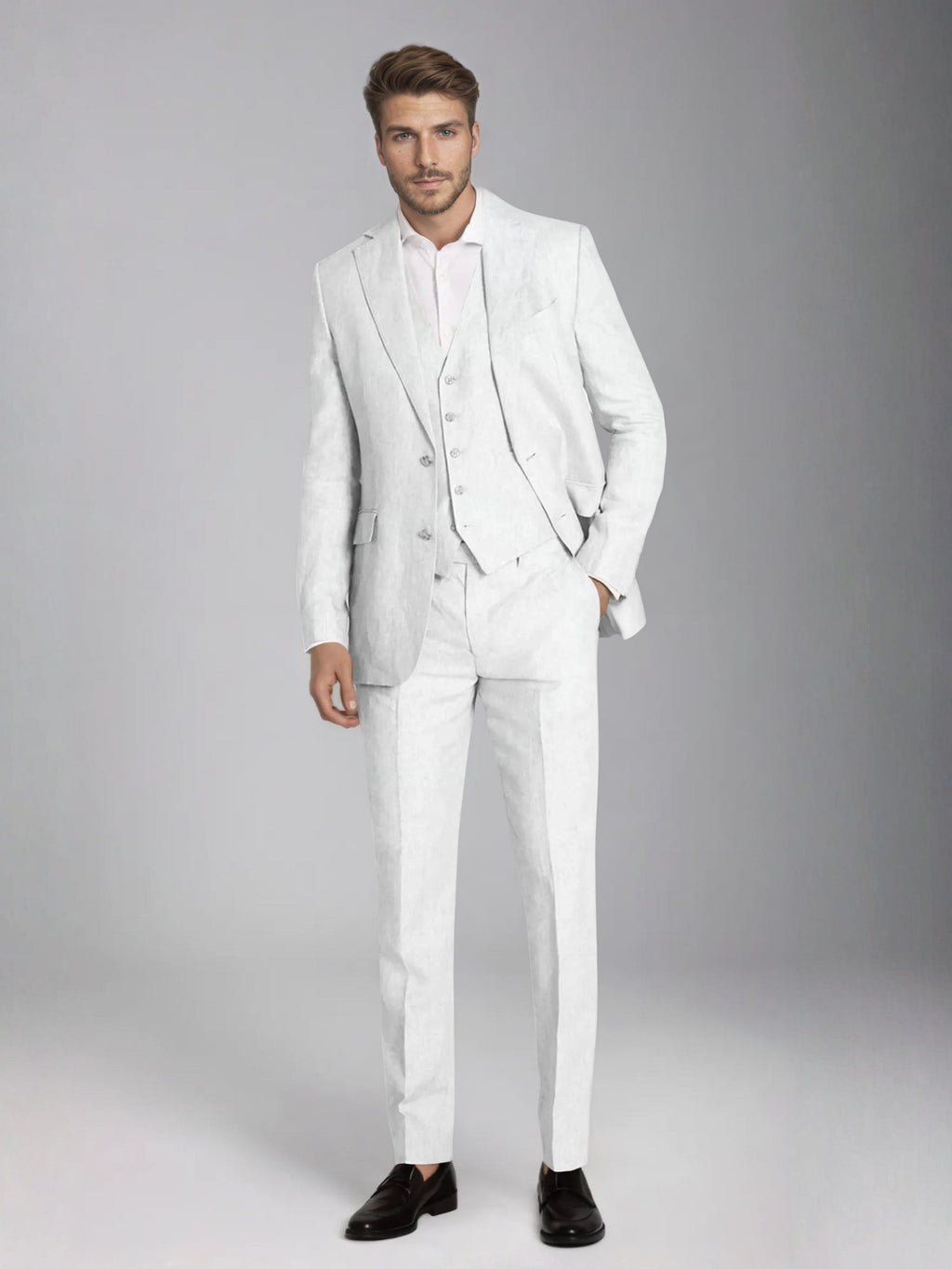 Men's three-piece slim fit suit with notch lapel jacket, button waistcoat and matching trousers