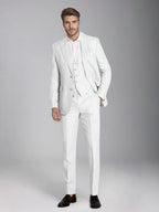 Men's three-piece slim fit suit with notch lapel jacket, button waistcoat and matching trousers