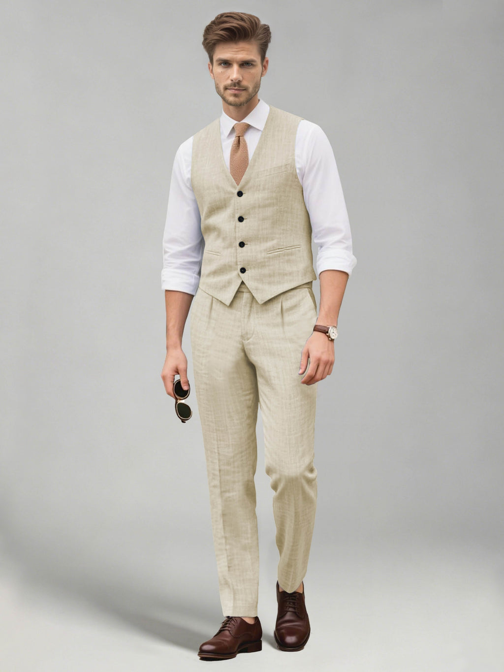 Men's two-piece suit set with a V-neck waistcoat and matching long trousers