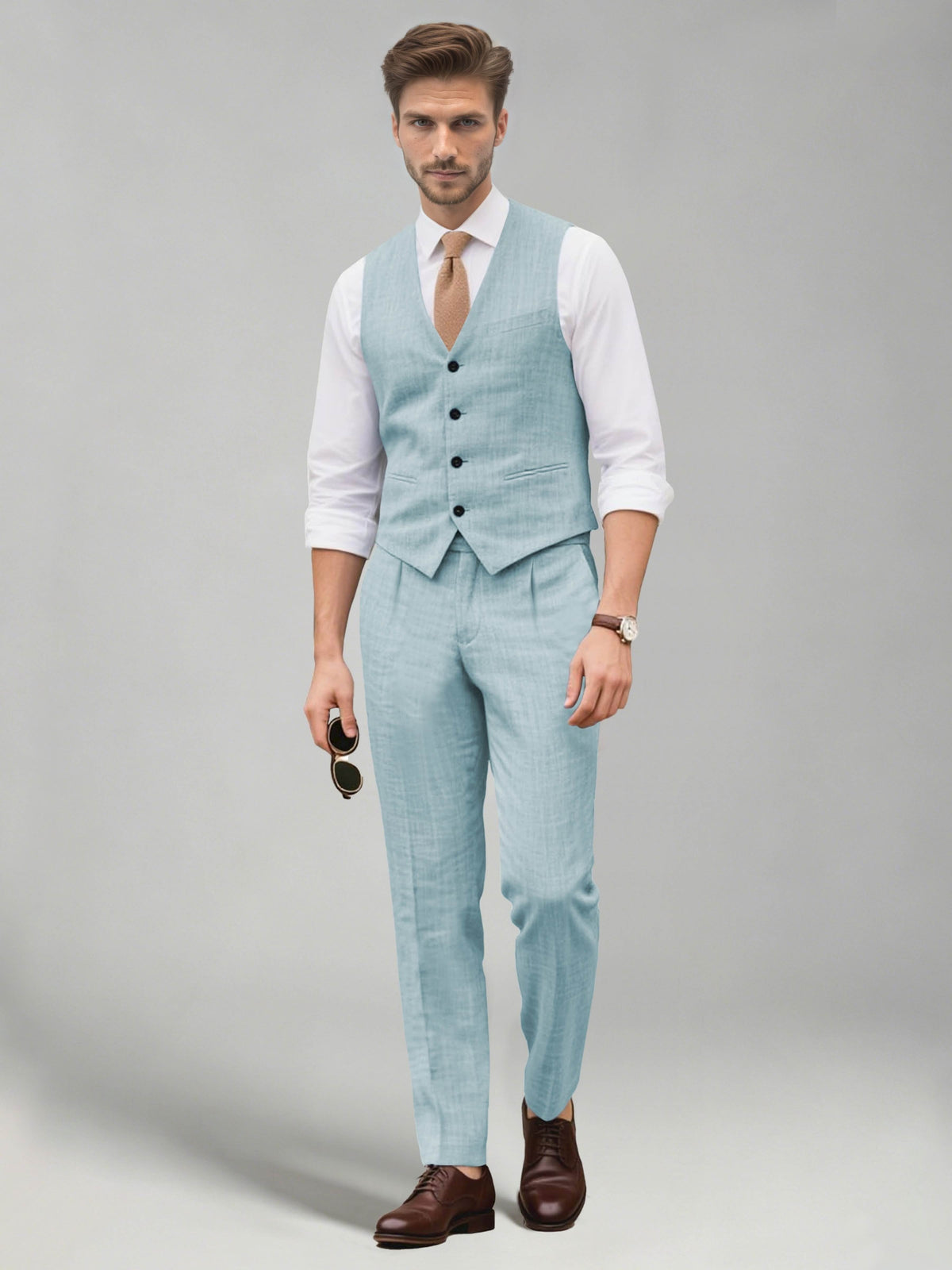 Men's two-piece suit set with a V-neck waistcoat and matching long trousers