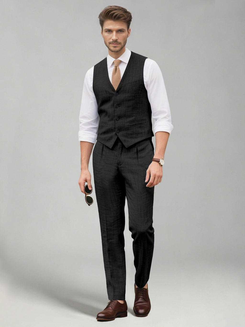 Men's two-piece suit set with a V-neck waistcoat and matching long trousers