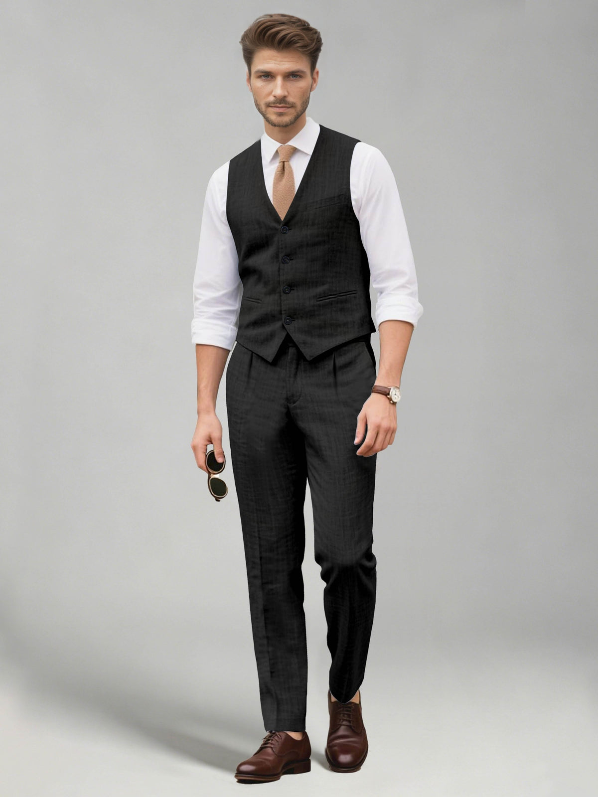 Men's two-piece suit set with a V-neck waistcoat and matching long trousers
