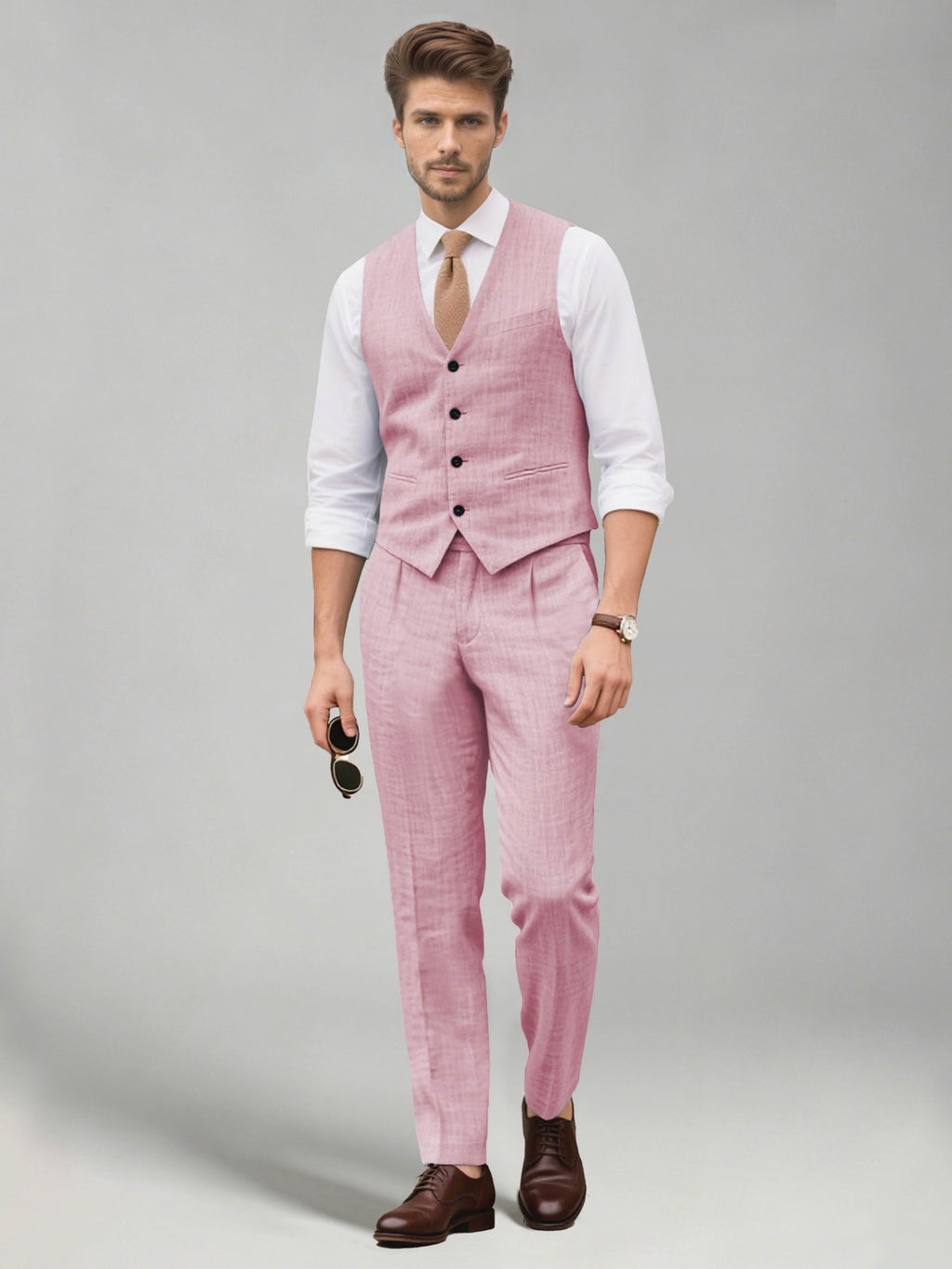 Men's two-piece suit set with a V-neck waistcoat and matching long trousers