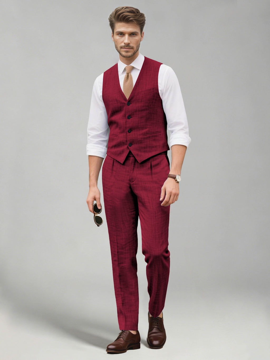 Men's two-piece suit set with a V-neck waistcoat and matching long trousers