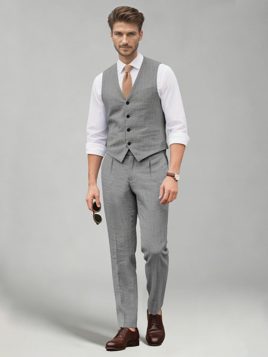 Men's two-piece suit set with a V-neck waistcoat and matching long trousers
